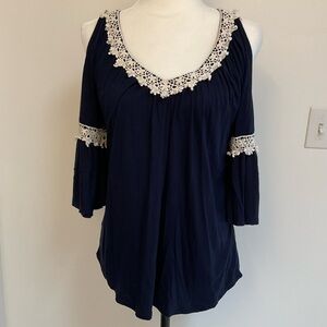 G Collection Navy Cold Shoulder Top Cream Lace Tie Back Flowy Boho